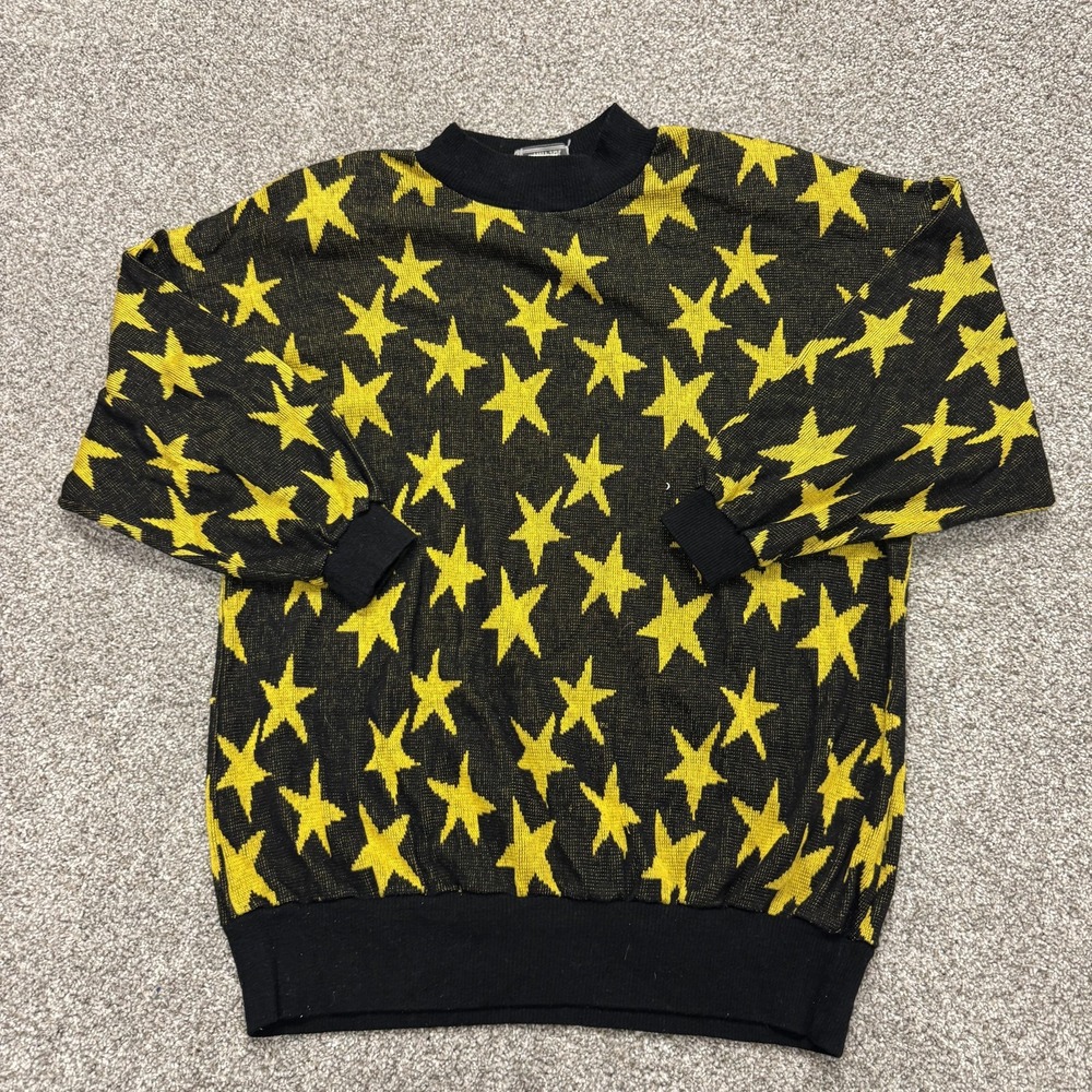 Style Impak Sweater Womens 38 Black Yellow Star Print Crew Neck Knit Pullover